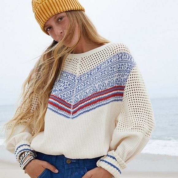 Free People Sweaters - Free People Geo Party Pullover Large Oversized Cream Blue Knit